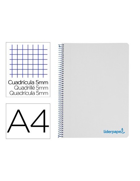 CUADERNO ESPIRAL LIDERPAPEL A4 MICRO WONDER TAPA PLASTICO 120H 90 GR CUADRO 5 MM 5 BANDAS 4 TALADROS COLOR GRIS