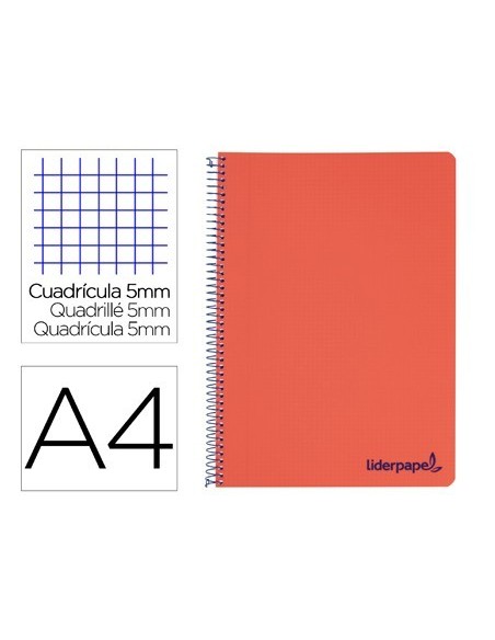 CUADERNO ESPIRAL LIDERPAPEL A4 MICRO WONDER TAPA PLASTICO 120H 90 GR CUADRO 5 MM 5 BANDAS 4 TALADROS COLOR ROJO