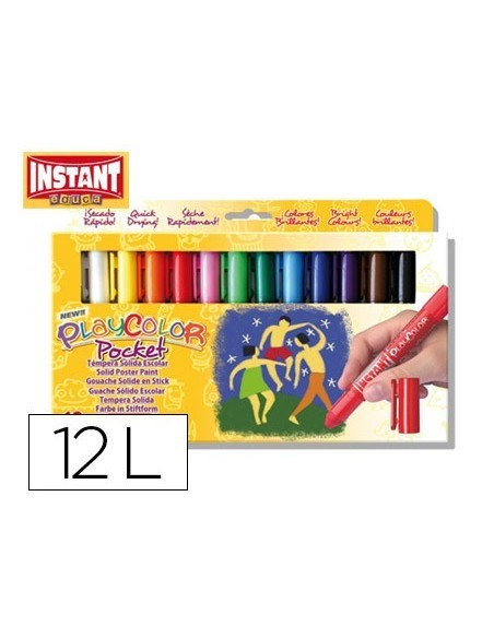 TEMPERA SOLIDA EN BARRA PLAYCOLOR POCKET ESCOLAR CAJA DE 12 COLORES SURTIDOS