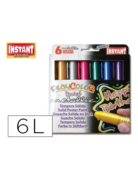 TEMPERA SOLIDA EN BARRA PLAYCOLOR POCKET ESCOLAR CAJA DE 6 COLORES METALIZADOS
