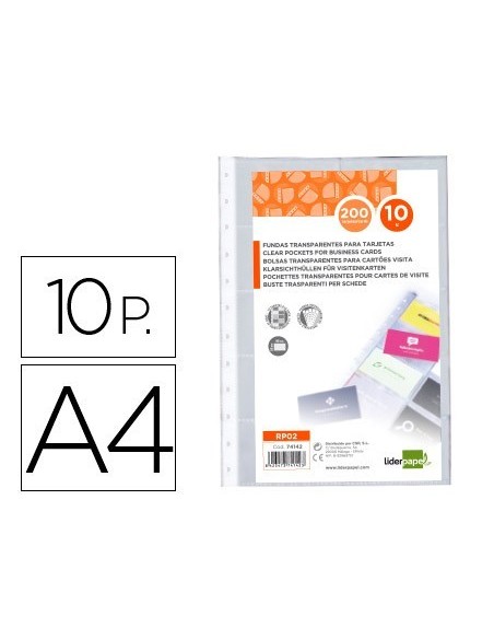 RECAMBIO FUNDAS LIDERPAPEL DIN A4 PARA TARJETERO BOLSA DE 10 HOJAS CAPACIDAD 20 TARJETAS POR HOJA