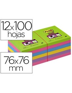 BLOC DE NOTAS ADHESIVAS QUITA Y PON POST-IT SUPER STICK ULTRA 76X76 MM PACK DE 12 BLOC VERDE ROSA AMARILLA