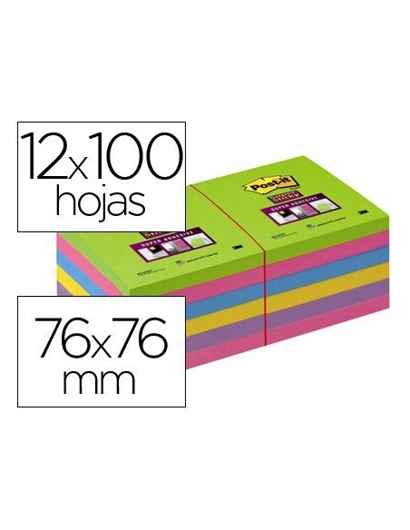 BLOC DE NOTAS ADHESIVAS QUITA Y PON POST-IT SUPER STICK ULTRA 76X76 MM PACK DE 12 BLOC VERDE ROSA AMARILLA