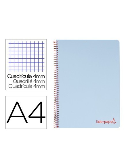 CUADERNO ESPIRAL LIDERPAPEL A4 WONDER TAPA PLASTICO 80H 90GR CUADRO 4MM CON MARGEN COLOR AZUL