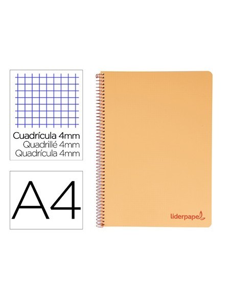 CUADERNO ESPIRAL LIDERPAPEL A4 WONDER TAPA PLASTICO 80H 90GR CUADRO 4MM CON MARGEN COLOR NARANJA