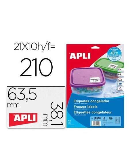 ETIQUETA ADHESIVA APLI 12328 TAMAÑO 63,5X38,1 MM PARA CONGELADOS CAJA CON 10 HOJAS A4 BLANCAS DIRECTIVA EUROPEA