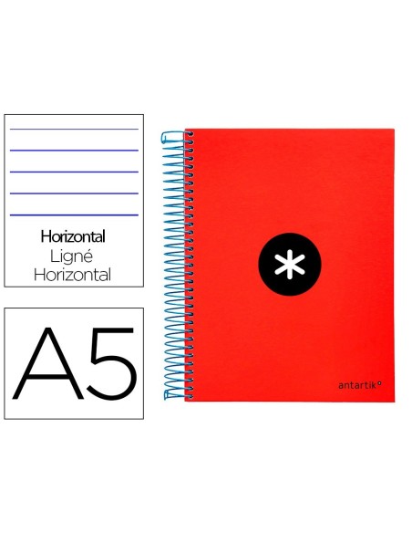 CUADERNO ESPIRAL LIDERPAPEL A5 MICRO ANTARTIK TAPA FORRADA 120H 100 GR HORIZONTAL 5 BANDAS 6 TALADROS COLOR ROJO.
