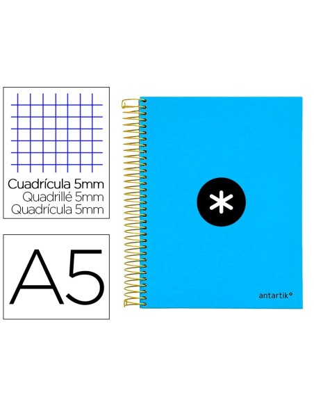 CUADERNO ESPIRAL LIDERPAPEL A5 MICRO ANTARTIK TAPA FORRADA120H 100 GR CUADRO 5MM 5 BANDAS 6 TALADROS COLOR AZUL