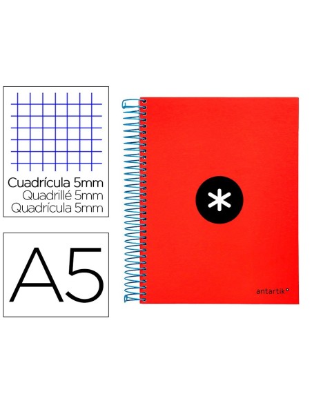 CUADERNO ESPIRAL LIDERPAPEL A5 MICRO ANTARTIK TAPA FORRADA120H 100 GR CUADRO 5MM 5 BANDAS 6 TALADROS COLOR ROJO