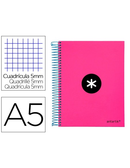 CUADERNO ESPIRAL LIDERPAPEL A5 MICRO ANTARTIK TAPA FORRADA120H 100 GR CUADRO 5MM 5 BANDAS 6 TALADROS COLOR ROSA