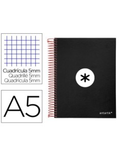 CUADERNO ESPIRAL LIDERPAPEL A5 MICRO ANTARTIK TAPA FORRADA120H 100 GR CUADRO 5MM 5 BANDAS 6 TALADROS COLOR NEGRO