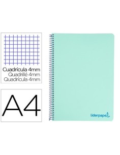 CUADERNO ESPIRAL LIDERPAPEL A4 WONDER TAPA PLASTICO 80H 90GR CUADRO 4MM CON MARGEN COLOR VERDE