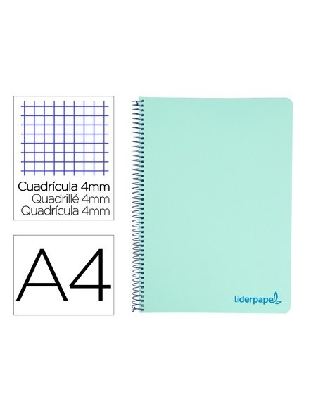 CUADERNO ESPIRAL LIDERPAPEL A4 WONDER TAPA PLASTICO 80H 90GR CUADRO 4MM CON MARGEN COLOR VERDE