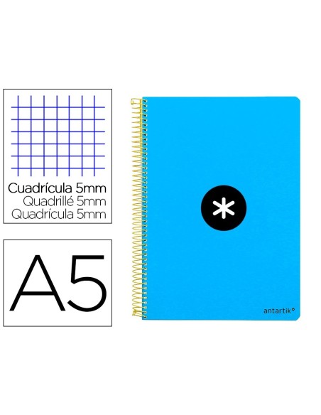 CUADERNO ESPIRAL LIDERPAPEL A5 ANTARTIK TAPA DURA 80H 100 GR CUADRO 5MM CON MARGEN COLOR AZUL