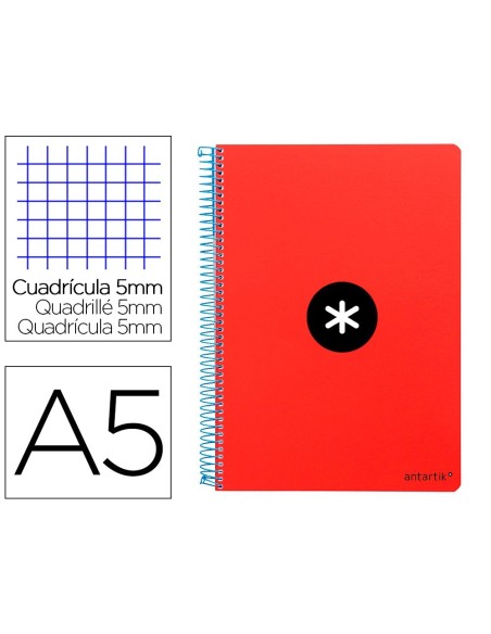 CUADERNO ESPIRAL LIDERPAPEL A5 ANTARTIK TAPA DURA 80H 100 GR CUADRO 5MM CON MARGEN COLOR ROJO