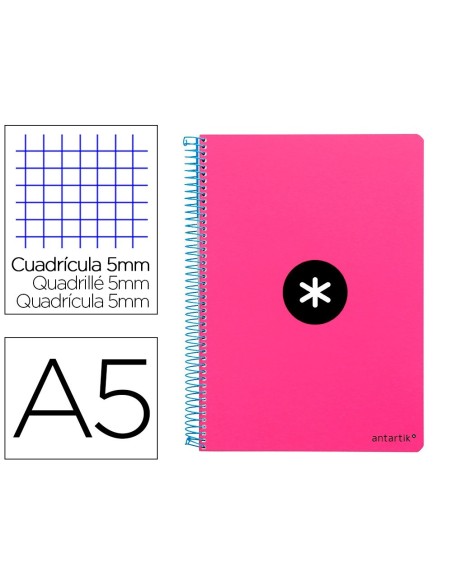 CUADERNO ESPIRAL LIDERPAPEL A5 ANTARTIK TAPA DURA 80H 100 G CUADRO 5MM CON MARGEN COLOR ROSA FLUOR