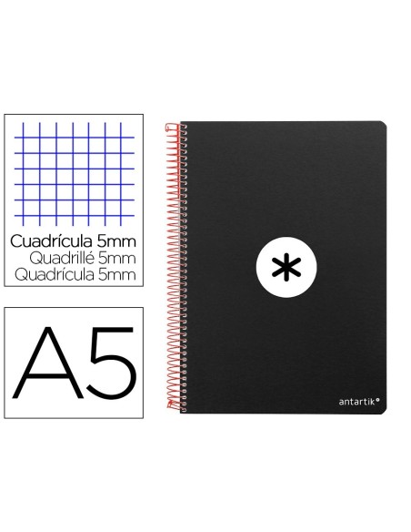 CUADERNO ESPIRAL LIDERPAPEL A5 ANTARTIK TAPA DURA 80H 100 GR CUADRO 5MM CON MARGEN COLOR NEGRO