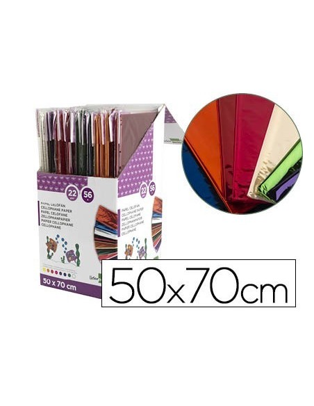 PAPEL CELOFAN LIDERPAPEL 50X70 EXPOSITOR 56 BOLSAS DE 5 HOJAS 8 COLORES SURTIDOS
