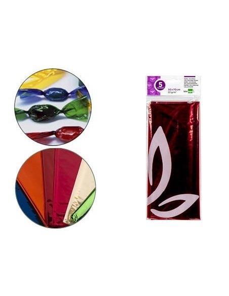 PAPEL CELOFAN LIDERPAPEL 50X70 CM 22G/M2 BOLSA DE 5 HOJAS ROJO