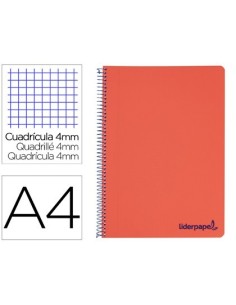 CUADERNO ESPIRAL LIDERPAPEL A4 WONDER TAPA PLASTICO 80H 90GR CUADRO 4MM CON MARGEN COLOR ROJO