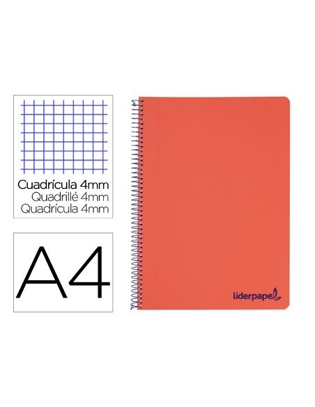 CUADERNO ESPIRAL LIDERPAPEL A4 WONDER TAPA PLASTICO 80H 90GR CUADRO 4MM CON MARGEN COLOR ROJO