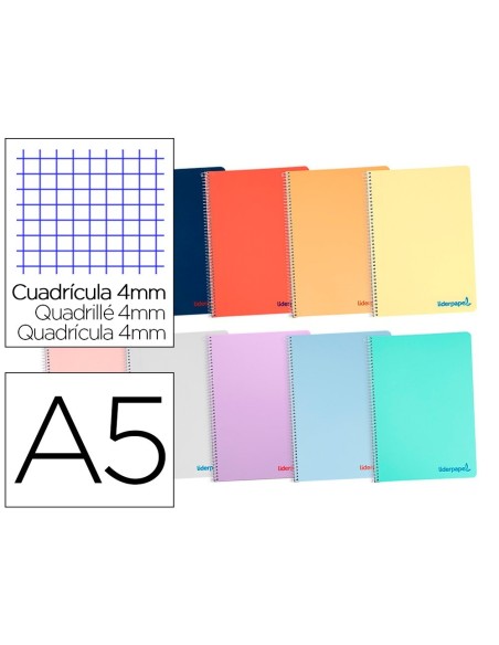 CUADERNO ESPIRAL LIDERPAPEL A5 WONDER TAPA PLASTICO 80H 90G CUADRO 4MM CON MARGEN COLORES SURTIDOS