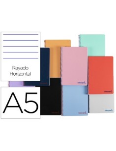 CUADERNO ESPIRAL LIDERPAPEL A5 WONDER TAPA PLASTICO 80H 90G RAYADO HORIZONTAL CON MARGEN COLORES SURTIDOS