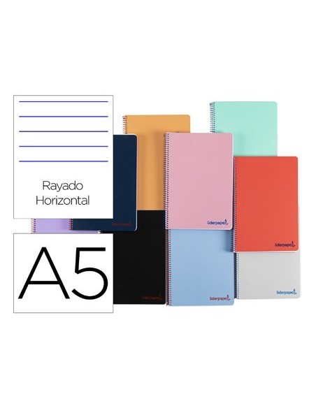 CUADERNO ESPIRAL LIDERPAPEL A5 WONDER TAPA PLASTICO 80H 90G RAYADO HORIZONTAL CON MARGEN COLORES SURTIDOS