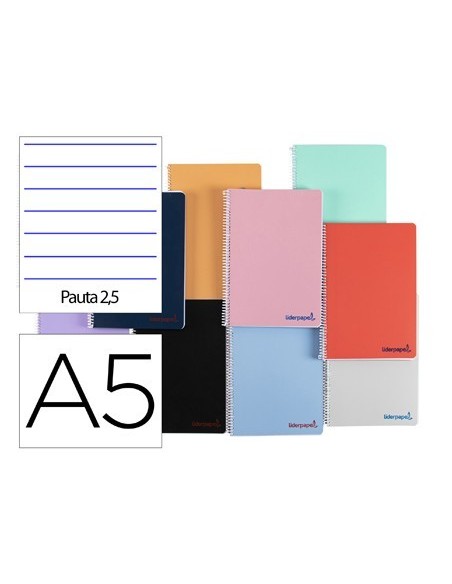 CUADERNO ESPIRAL LIDERPAPEL A5 WONDER TAPA PLASTICO 80H 90G PAUTA ESTRECHA 2,5MM CON MARGEN COLORES SURTIDOS