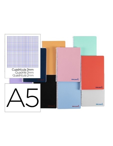 CUADERNO ESPIRAL LIDERPAPEL A5 WONDER TAPA PLASTICO 80H 90G MILIMETRADO 2MM COLORES SURTIDOS