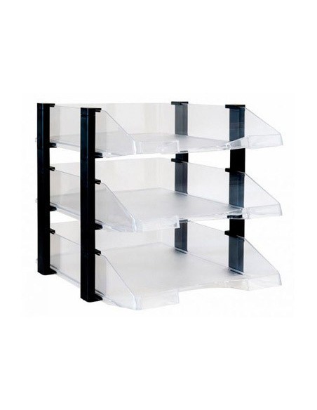 BANDEJA SOBREMESA ARCHIVO 2000 PLASTICO TRANSPARENTE CON ELEVADORES NEGRO CONJUNTO DE 3 BANDEJAS 280X285X350 MM