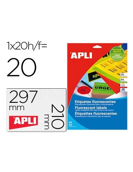 ETIQUETA ADHESIVA APLI 02879 210X297 MM PARA FOTOCOPIADORA LASER CAJA CON 20 HOJAS DIN A4 NARANJA