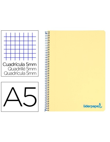CUADERNO ESPIRAL LIDERPAPEL A5 MICRO WONDER TAPA PLASTICO 120H 90G CUADRO 5MM 5 BANDAS 6 TALADROS COLOR AMARILLO