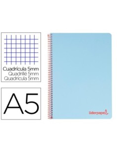 CUADERNO ESPIRAL LIDERPAPEL A5 MICRO WONDER TAPA PLASTICO 120H 90G CUADRO 5MM 5 BANDAS 6 TALADROS COLOR CELESTE