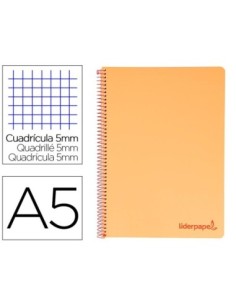 CUADERNO ESPIRAL LIDERPAPEL A5 MICRO WONDER TAPA PLASTICO 120H 90G CUADRO 5MM 5 BANDAS 6 TALADROS COLOR NARANJA