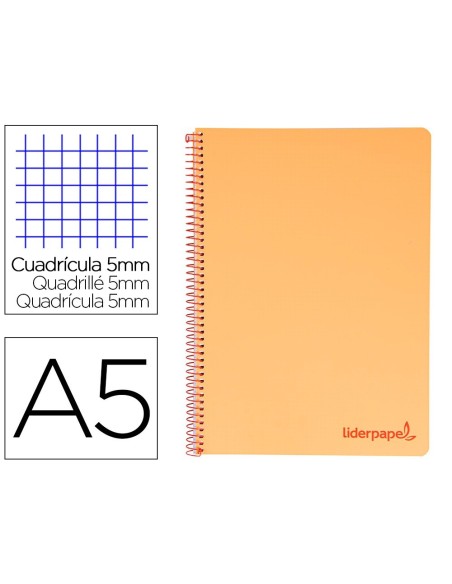 CUADERNO ESPIRAL LIDERPAPEL A5 MICRO WONDER TAPA PLASTICO 120H 90G CUADRO 5MM 5 BANDAS 6 TALADROS COLOR NARANJA