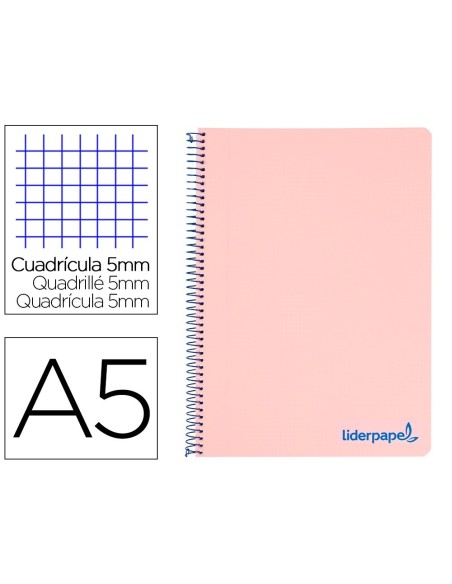 CUADERNO ESPIRAL LIDERPAPEL A5 MICRO WONDER TAPA PLASTICO 120H 90G CUADRO 5MM 5 BANDAS 6 TALADROS COLOR ROSA