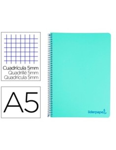 CUADERNO ESPIRAL LIDERPAPEL A5 MICRO WONDER TAPA PLASTICO 120H 90G CUADRO 5MM 5 BANDAS 6 TALADROS COLOR VERDE