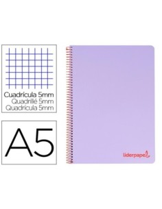 CUADERNO ESPIRAL LIDERPAPEL A5 MICRO WONDER TAPA PLASTICO 120H 90G CUADRO 5MM 5 BANDAS 6 TALADROS COLOR VIOLETA