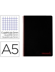 CUADERNO ESPIRAL LIDERPAPEL A5 MICRO WONDER TAPA PLASTICO 120H 90G CUADRO 5MM 5 BANDAS 6 TALADROS COLOR NEGRO