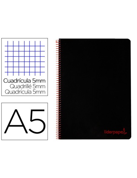 CUADERNO ESPIRAL LIDERPAPEL A5 MICRO WONDER TAPA PLASTICO 120H 90G CUADRO 5MM 5 BANDAS 6 TALADROS COLOR NEGRO