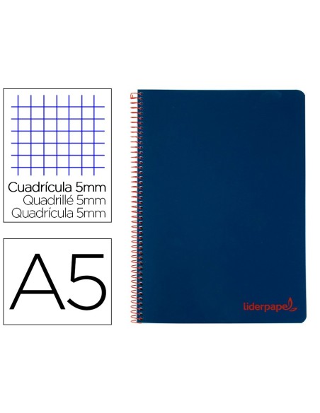 CUADERNO ESPIRAL LIDERPAPEL A5 MICRO WONDER TAPA PLASTICO 120H 90G CUADRO 5MM 5 BANDAS 6 TALADROS COLOR AZUL MARINO