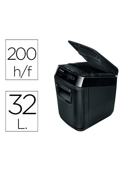 DESTRUCTORA DE DOCUMENTOS FELLOWES AUTOMAX 200C CAPACIDAD DE CORTE 200 HOJAS DESTRUYE CLIPS TARJETAS Y CD