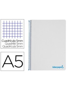 CUADERNO ESPIRAL LIDERPAPEL A5 MICRO WONDER TAPA PLASTICO 120H 90G CUADRO 5MM 5 BANDAS 6 TALADROS COLOR GRIS