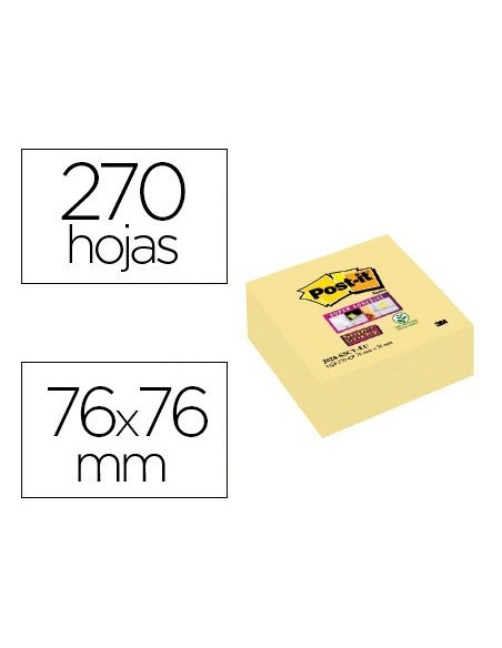 BLOC DE NOTAS ADHESIVAS QUITA Y PON POST-IT SUPER STICKY 76X76 MM CUBO CON 270 HOJAS AMARILLO CANARIO