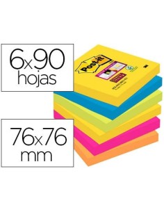 BLOC DE NOTAS ADHESIVAS QUITA Y PON POST-IT SUPER STICKY 76X76 MM CON 90 HOJAS PACK DE 6 BLOC COLORES SURTIDOS