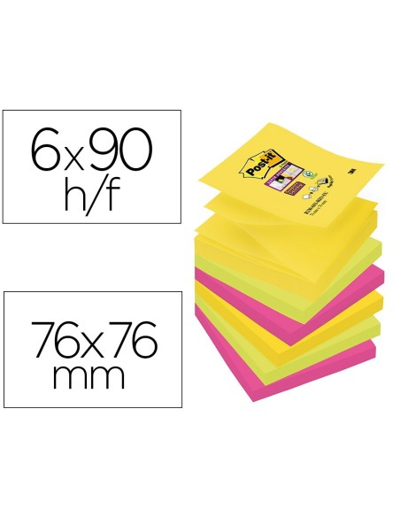 BLOC DE NOTAS ADHESIVAS QUITA Y PON POST-IT SUPER STICKY 76X76 MM CON 90 HOJAS PACK DE 6 BLOC COLORES SURTIDOS