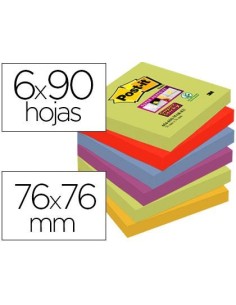 BLOC DE NOTAS ADHESIVAS QUITA Y PON POST-IT SUPER STICKY 76X76 MM CON 90 HOJAS PACK DE 6 BLOC COLORES SURTIDOS