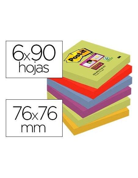BLOC DE NOTAS ADHESIVAS QUITA Y PON POST-IT SUPER STICKY 76X76 MM CON 90 HOJAS PACK DE 6 BLOC COLORES SURTIDOS
