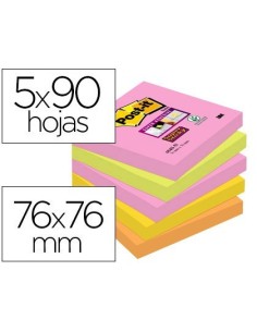BLOC DE NOTAS ADHESIVAS QUITA Y PON POST-IT SUPER STICKY 76X76 MM CON 90 HOJAS PACK DE 5 BLOC COLORES SURTIDOS